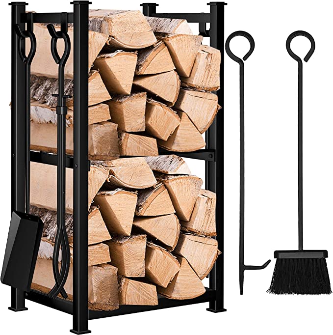 Brennholzregal für innen / kaminholzregal außen- ratgeber 2 Kaminholzregal für innen mit Holz und Werkzeug, Schaufel und Besen