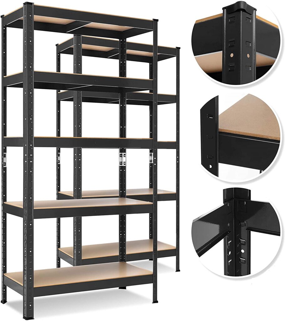 Das beste speisekammer regal 3 zwei Schwerlastregale aus schwarzem Metall hintereinander mit jeweils 5 Fächern, rechts daneben sind drei close up Bilder